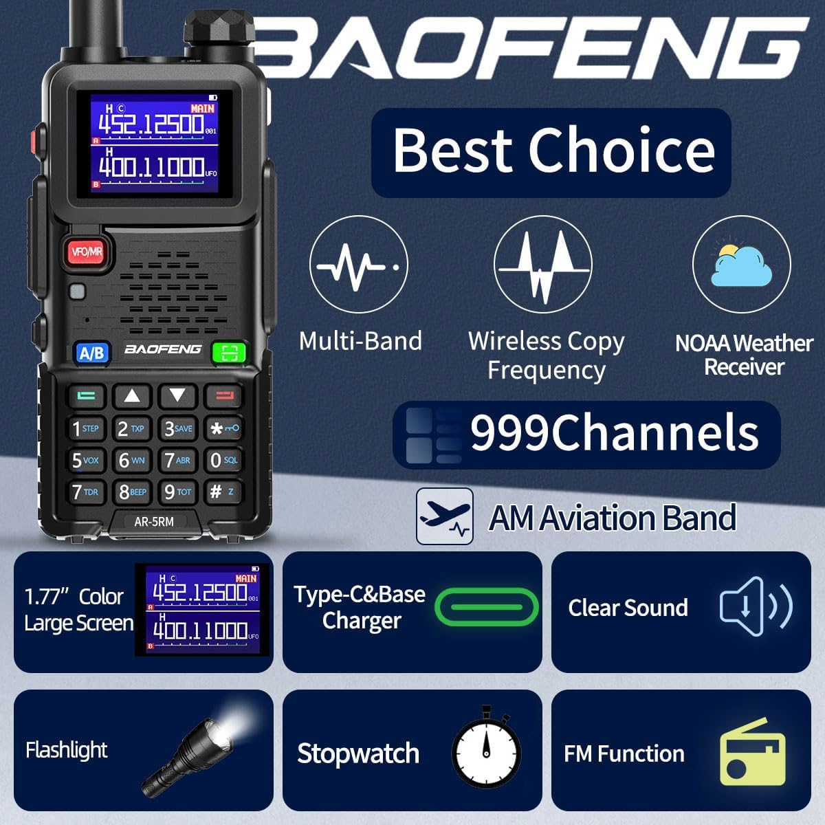 Baofeng Radio Ham Radio Handheld UV-5R Upgrade Long Range Rechargeable AR-5RM 10W NOAA Weather Emergency Tactical Two Way Radio with Programming