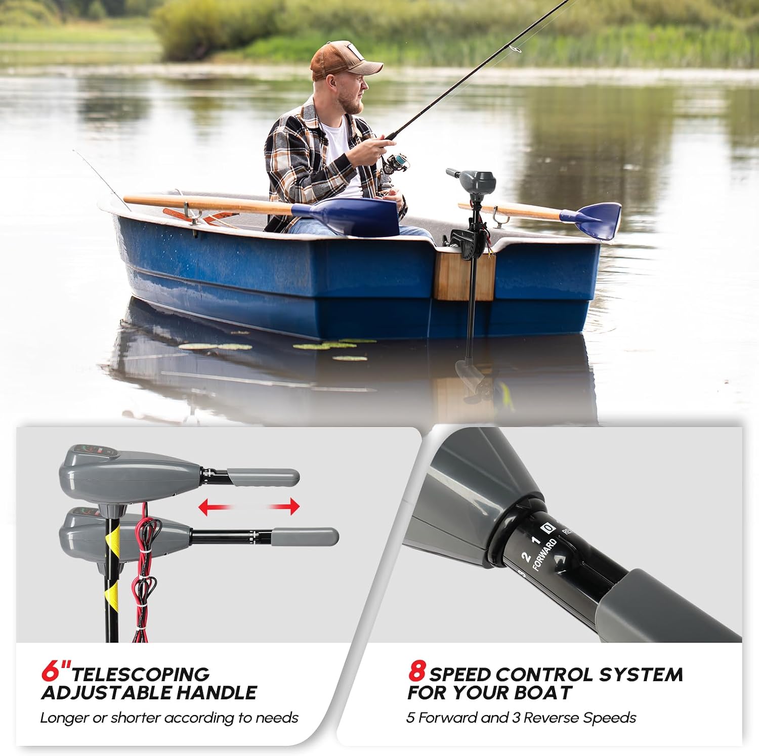 PEXMOR 8 Speed Electric Trolling Motor, Electric Outboard Boat Motor w/Adjustable Handle & LED Indicator, Transom Mounted for Saltwater, Kayak