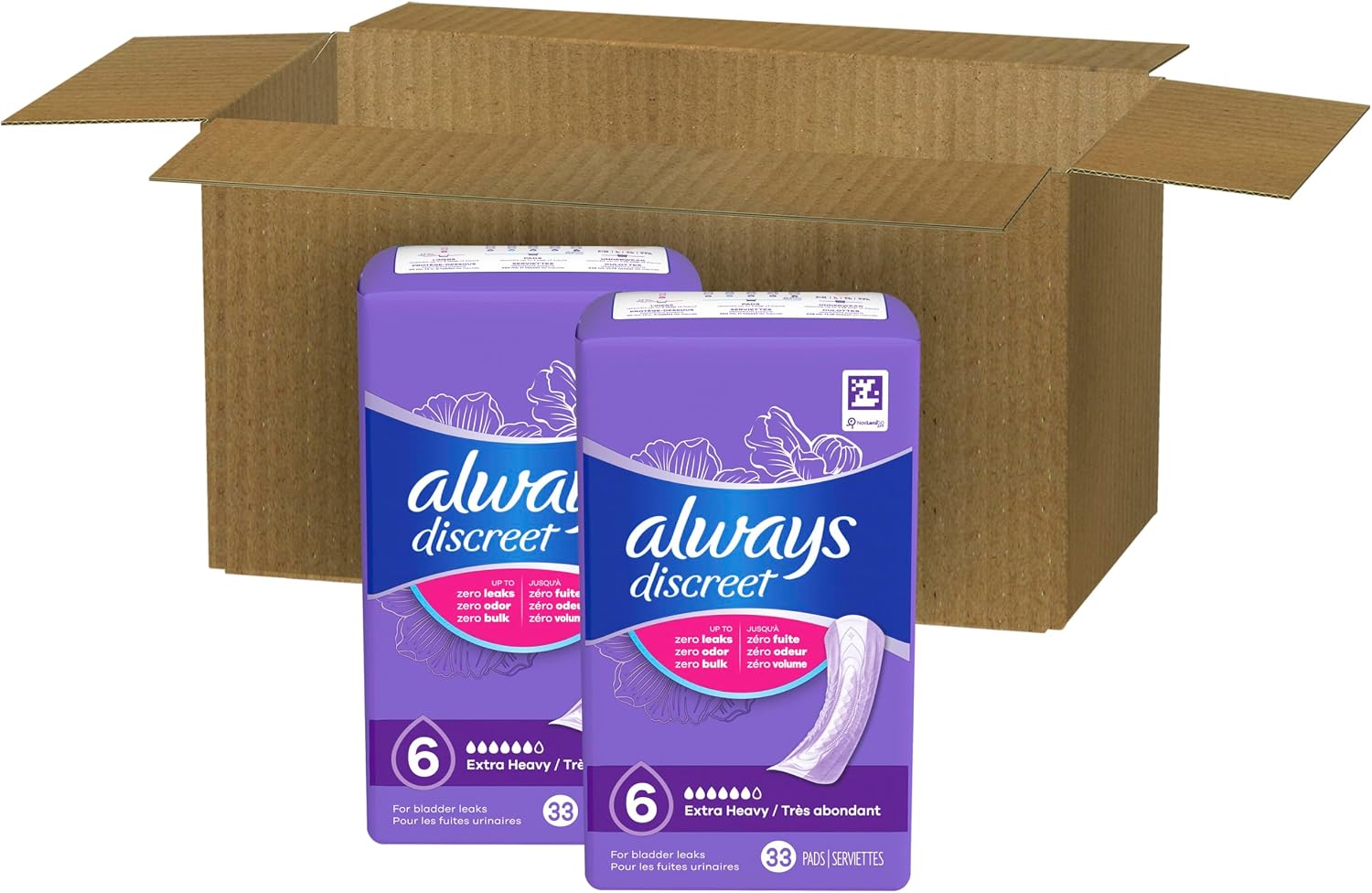 Always Discreet Adult Incontinence Pads for Women, Drier, 6 Drop Long Length, Extra Heavy Absorbency, Pads for Bladder Control Management, Bladder Leaks, & Postpartum Pads, 45ct