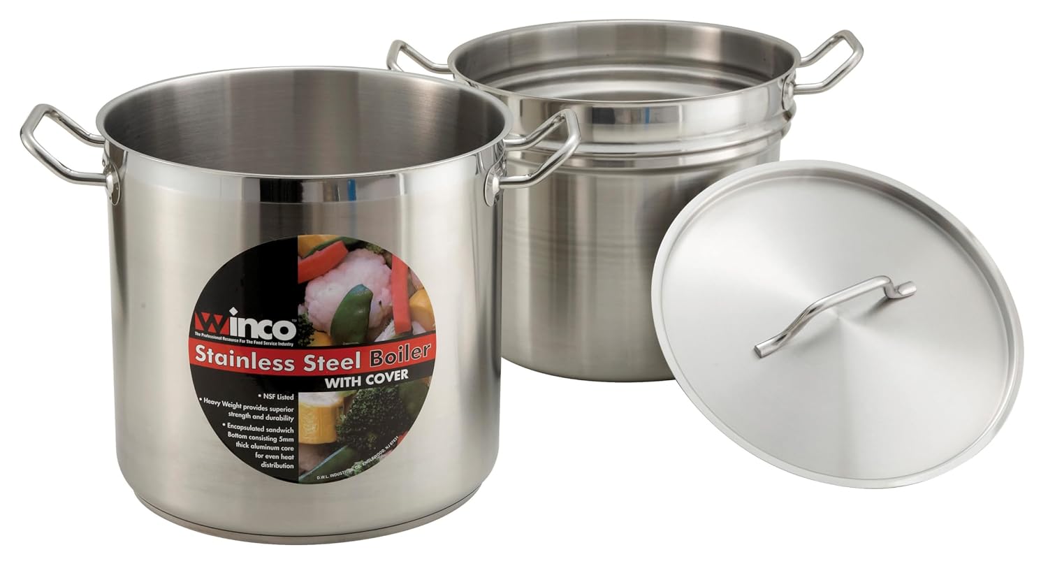 Winco 8 qt Stainless Steel Double Boiler with Cover | Gentle heat prevents scorching, Secure riveted handles, Induction compatible