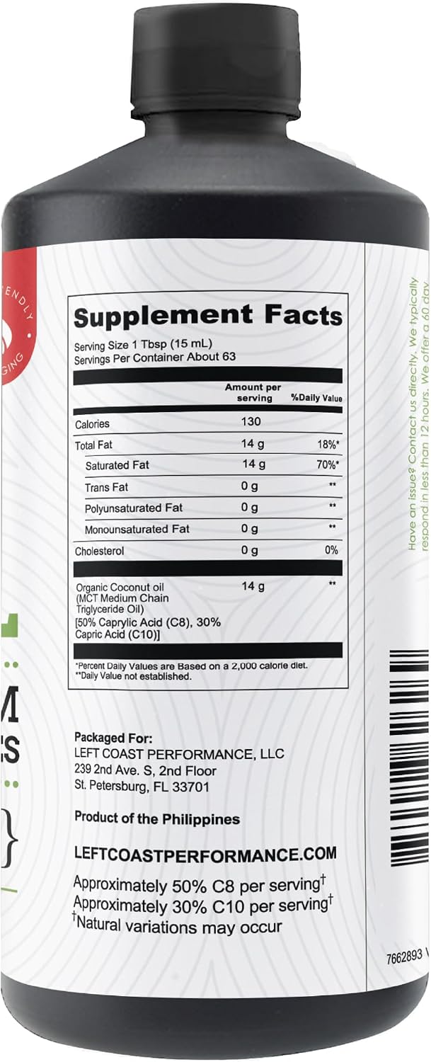 100% Coconut MCT Oil Liquid, 32 Fl Oz | MCT Oil C8 C10 for Sustained Mental Energy & Focus - Support Great for Smoothies Salads Coffee - Palm Free, Keto Friendly