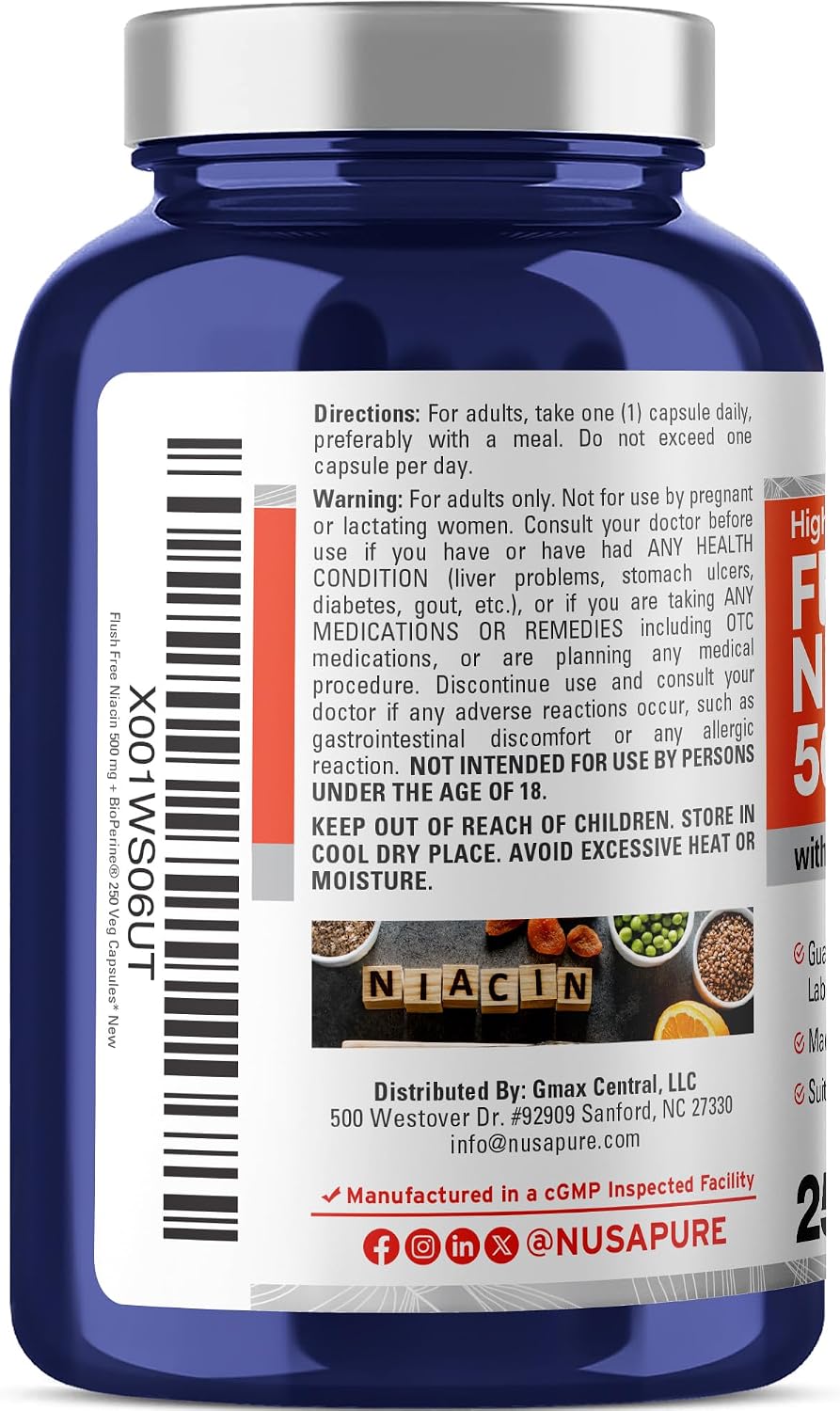 Flush Free Niacin, Non-GMO, Vegan 500mg, 250 Veggie Capsules - 250 Servings