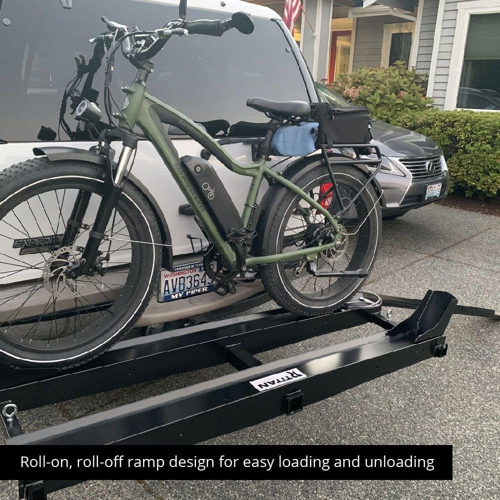 Titan Ramps Dual Motorcycle Carrier with Ramp Extension for 2" Hitch, Fits Motorcycles, Dirt Bikes, Bicycles, and Scooters, 600 Pound Capacity