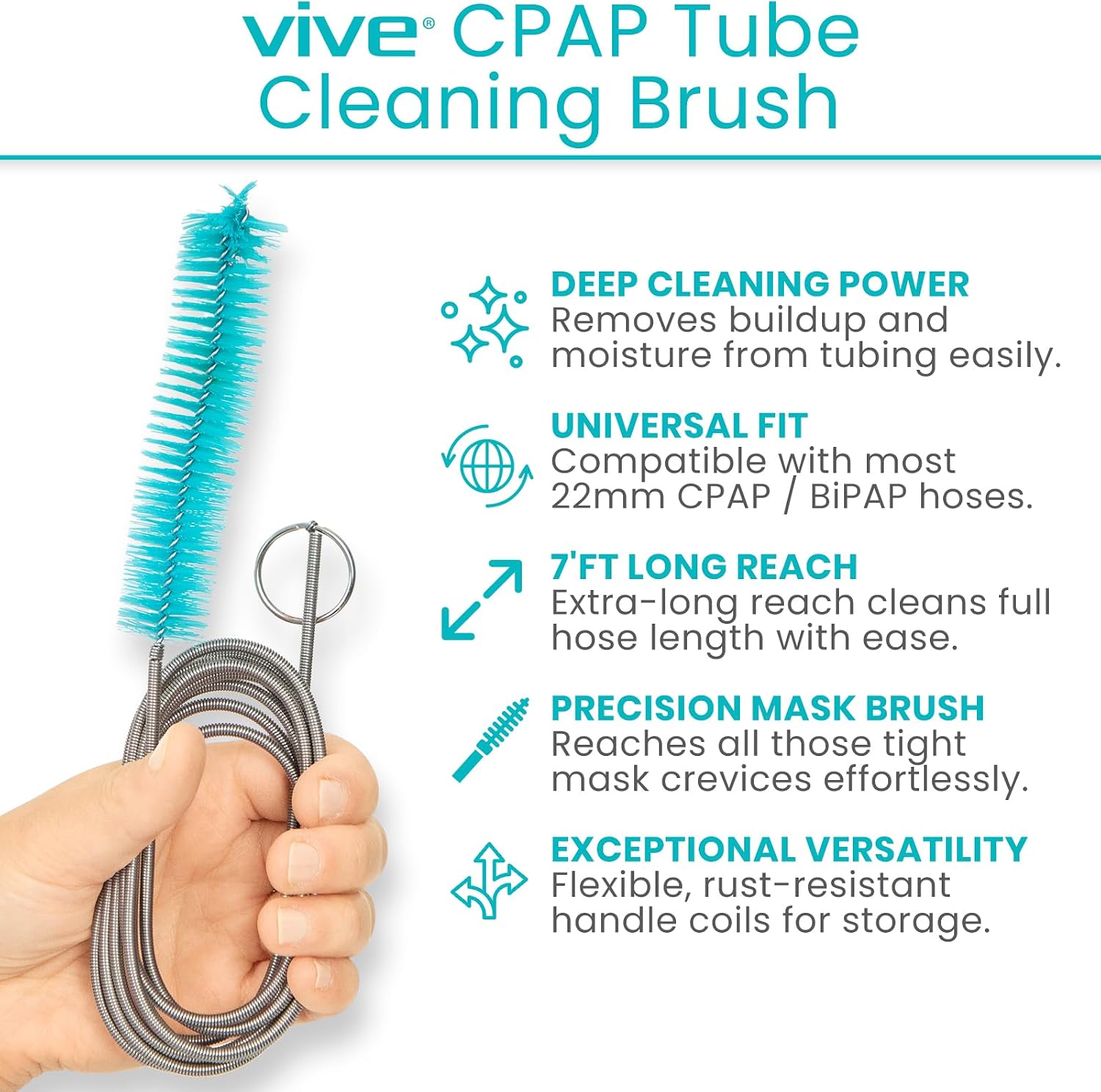 Vive CPAP Tube Cleaning Brush - Stainless Steel Cleaner for Mask and Pipe | Wire Bristle Solution - for 7 Foot Hose and 22 mm Diameter - Portable