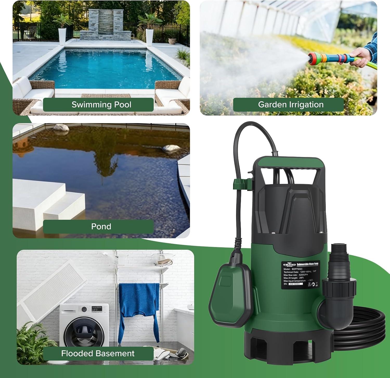 4200GPH 1HP Submersible Sump Pump with Automatic Float Switch | LAZYLAND, Clean Water Pump for Pool, Pond, Garden, Flooded Cellar, Aquarium and Irrigation (Green)