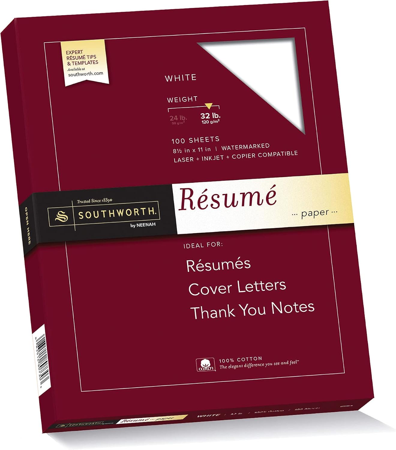 Southworth® 100% Cotton Résumé Paper, 8 1/2" x 11", 32 Lb, 100% Recycled, White, Pack of 100