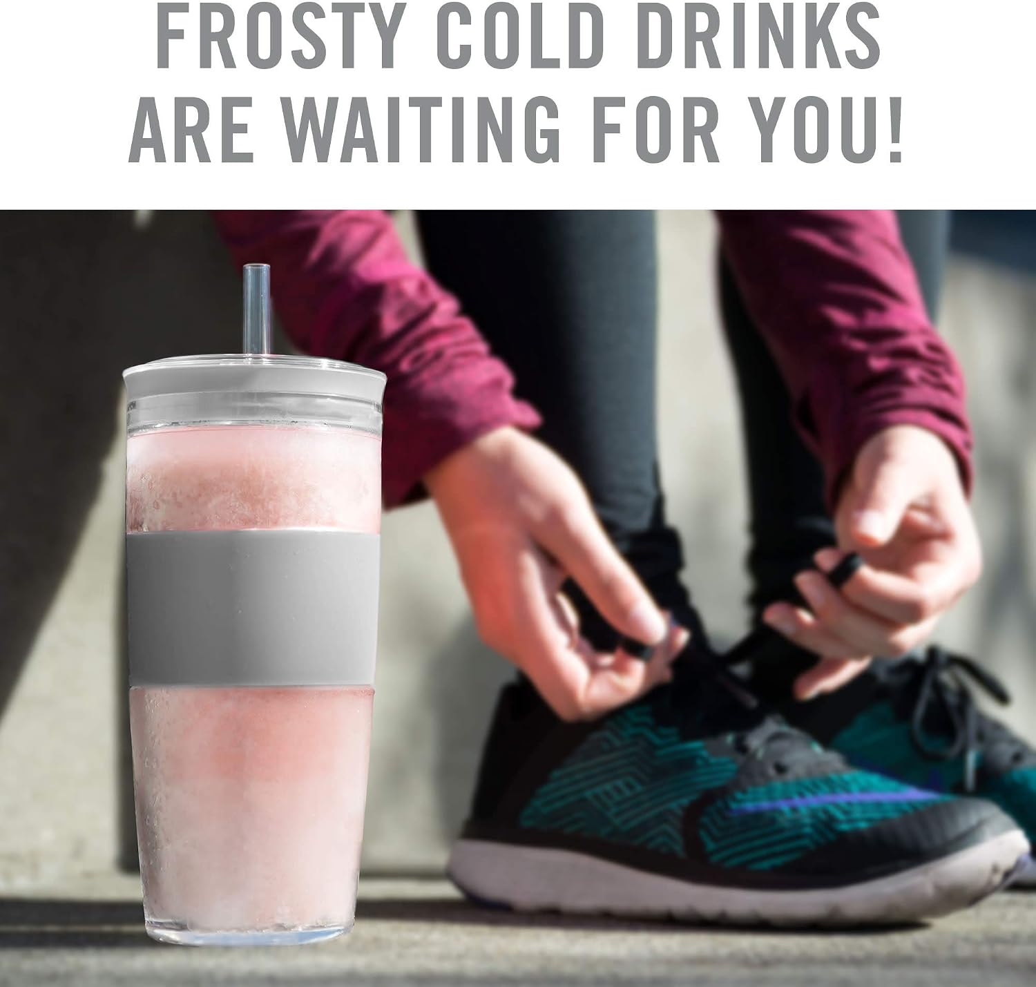 HOST Double Wall Insulated Freezable Drink Chilling Tumbler with Freezing Gel Glasses for Red and White Wine, Straw and Lid, Plastic, 16 oz, Grey