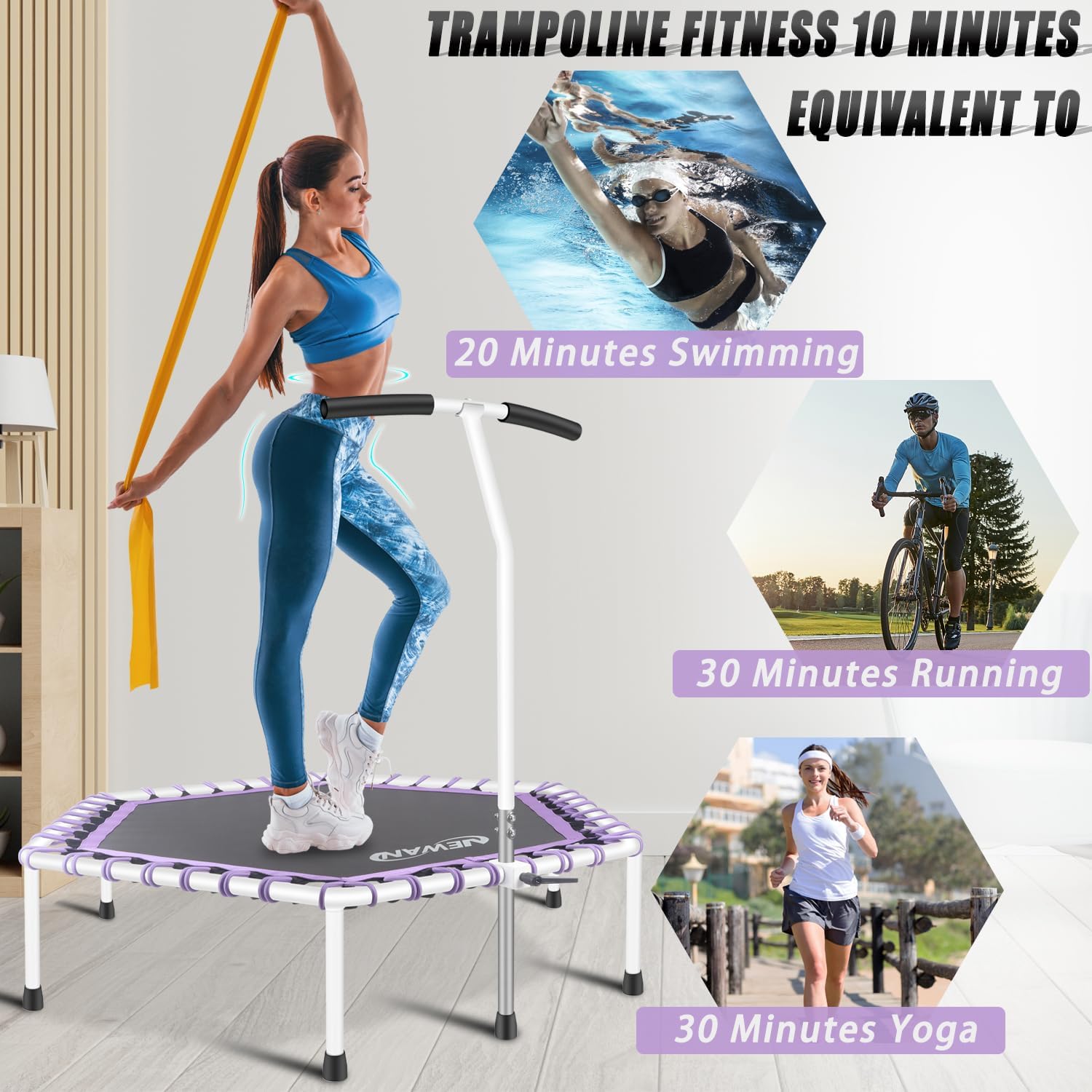 Newan 48'' Fitness Trampoline with Adjustable Handle Bar, Silent Trampoline Bungee Rebounder Jumping Cardio Trainer Workout for Adults - Max Limit 330 lbs