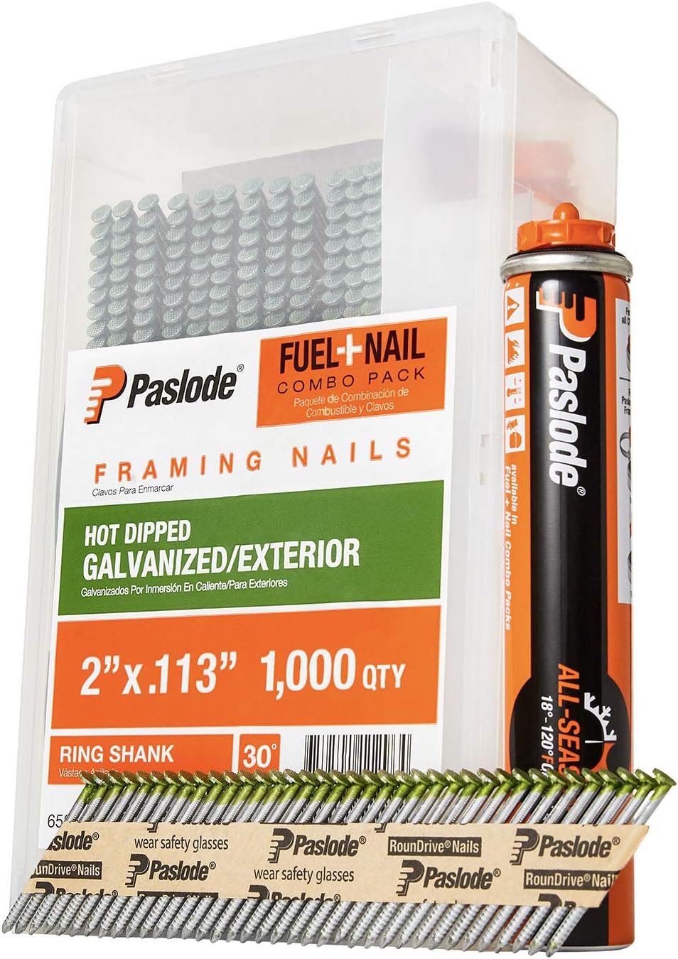 Paslode, Framing Nails and Fuel Pack, 650564, 2 inch x .113 Gauge, Ring Hot Dipped Galvanized, 1 Fuel Cell and 1,000 Nails