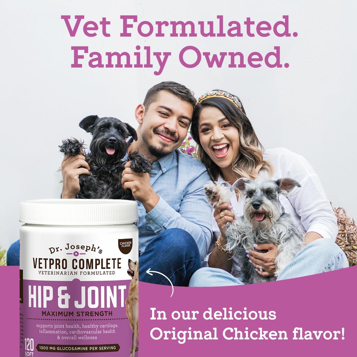 Dr. Joseph's VetPro Complete Dog Hip & Joint Wellness Supplement – High-Strength Glucosamine, MSM, Omega & Chondroitin Chews and Breeds – Vet Formulated Chicken Dog Treat - 120 Count