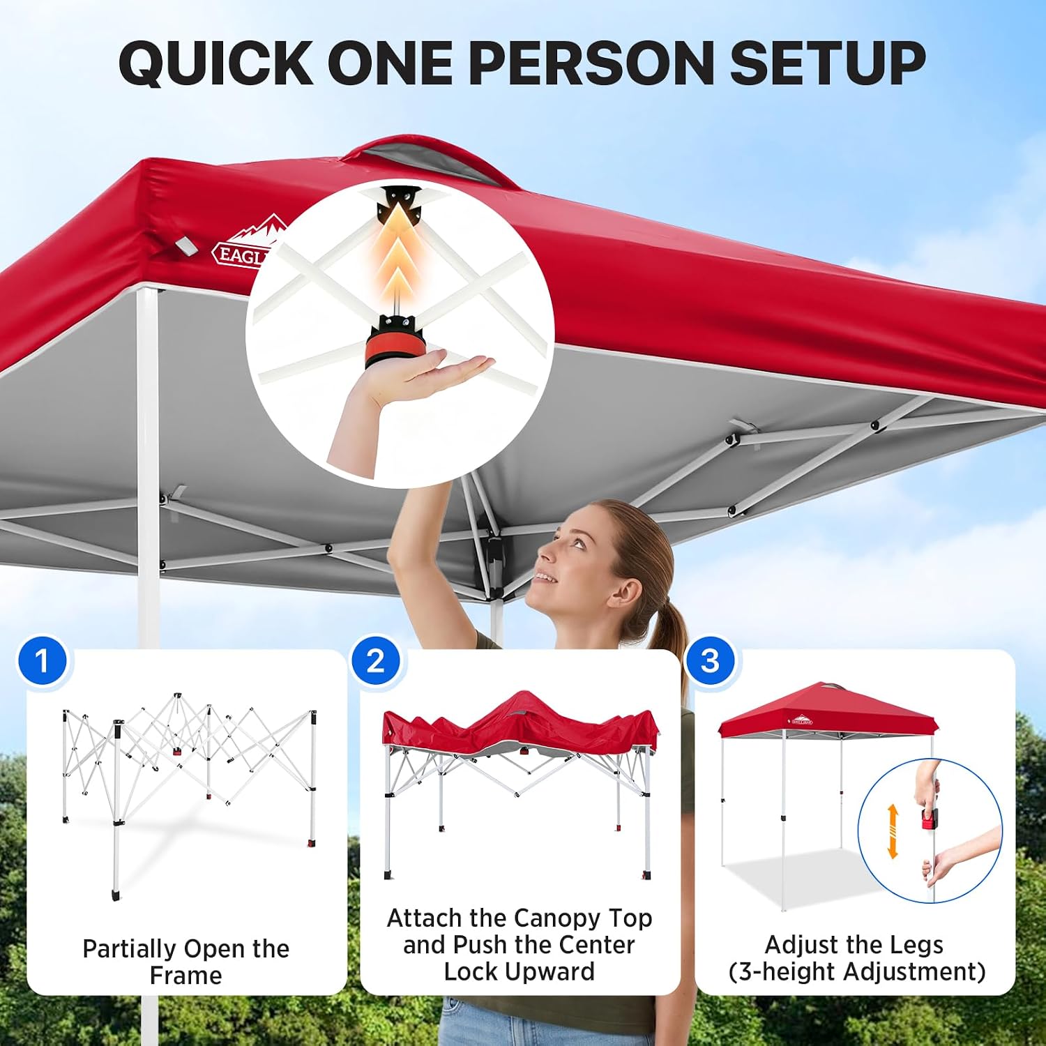 EAGLE PEAK 10x10 Pop Up Canopy Tent Easy Up Canopy Outdoor, White | Patented PeakPush™ Center Lock, 1 Person Setup Portable Pop Up Tent, Beach, Markets, Camping Sport Events, Wheeled Carry Bag