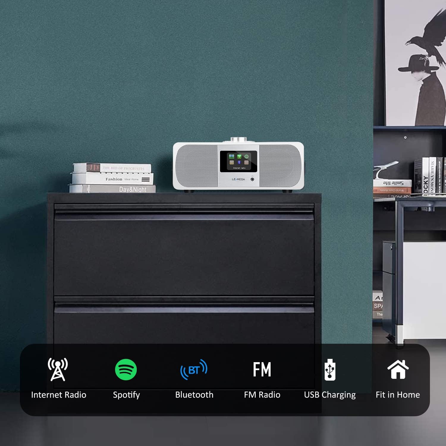 LEMEGA M3+ Internet Radio, Podcasts,Spotify, Bluetooth, FM Stereo, Walnut | Full colour display, 40 presets, remote control, acoustic wooden cabinet, headphone jack, USB, AUX-in, dual alarms clock