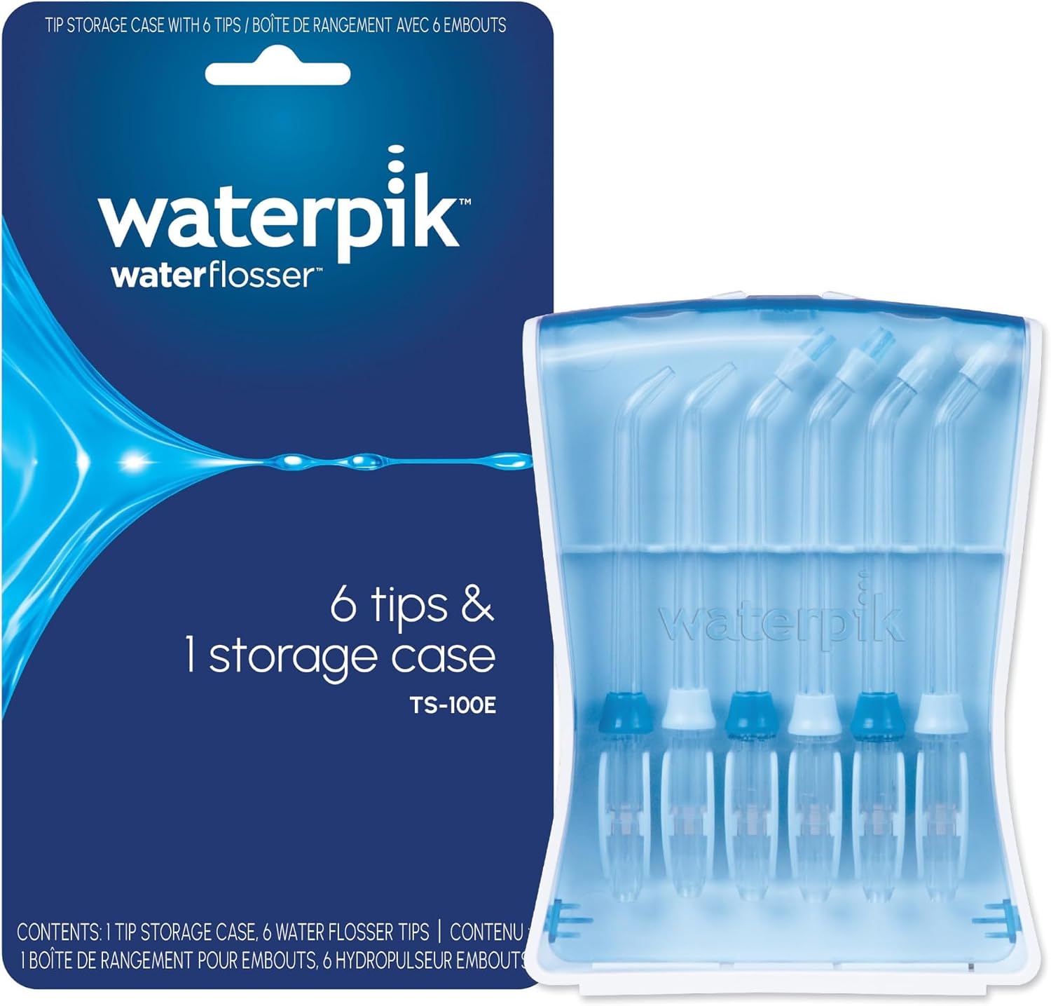 Waterpik 6 Replacement Tips with Case for Hygienic Storage & Travel TS-100E | Genuine Waterpik Brand, Includes 2 Precision, 2 Orthodontic, 2 Plaque Seeker Water Flosser Tip Refill Heads Nozzles