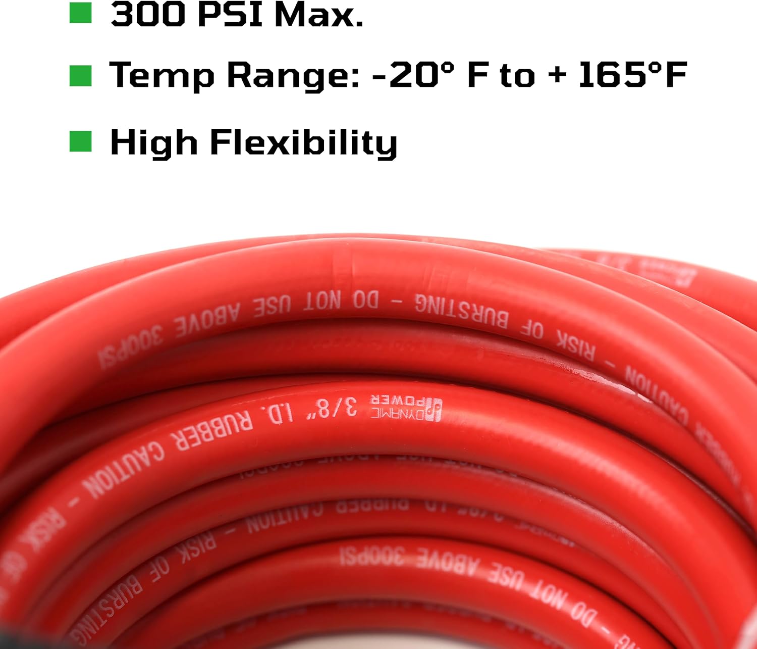 DYNAMIC POWER 3/8" x 50' Rubber Air Hose - 300 PSI - Assembly with 1/4" Male Pipe Thread Fittings & Bend Restictors (Red)