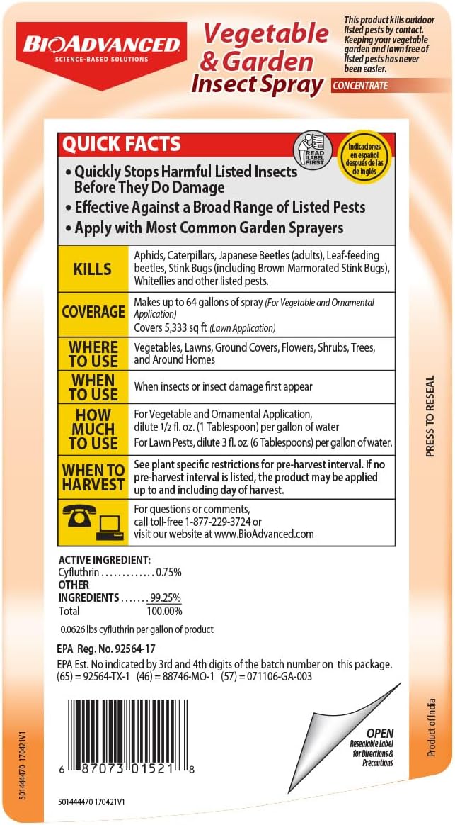 BioAdvanced Vegetable & Garden Insect Spray Concentrate - 32 fl oz Bottle | Fast-Acting Vegetable Garden Pest Control - Rainproof in 1 Hour