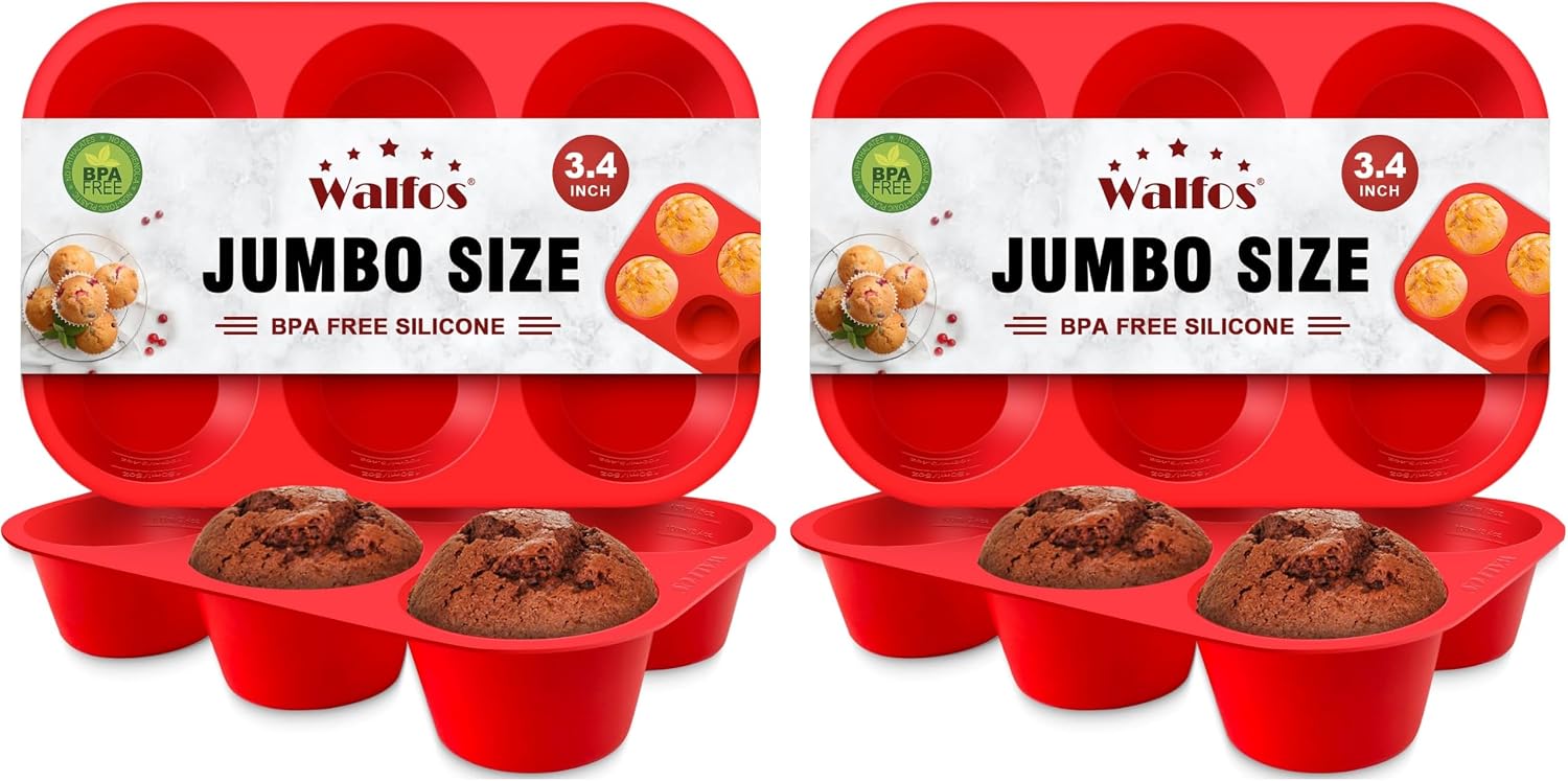 Walfos Silicone Texas Muffin Pan - 6 Cup Jumbo Silicone Cupcake Pan, Non-Stick, Just Release! Perfect for Egg Muffin
