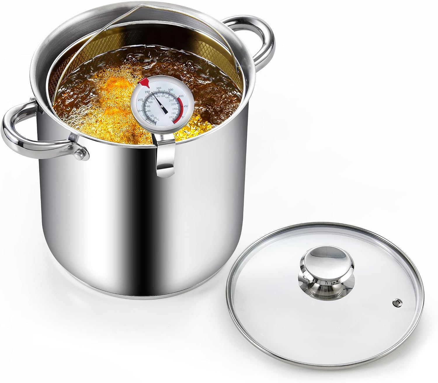Cook N Home Basics 4-Quart Deep Fryer Pot with Basket, Japanese Tempura Small Stainless Steel Frying Pot with Oil Drip Drainer Rack, Glass Lid, Suitable for Kitchen French Fries, Chicken