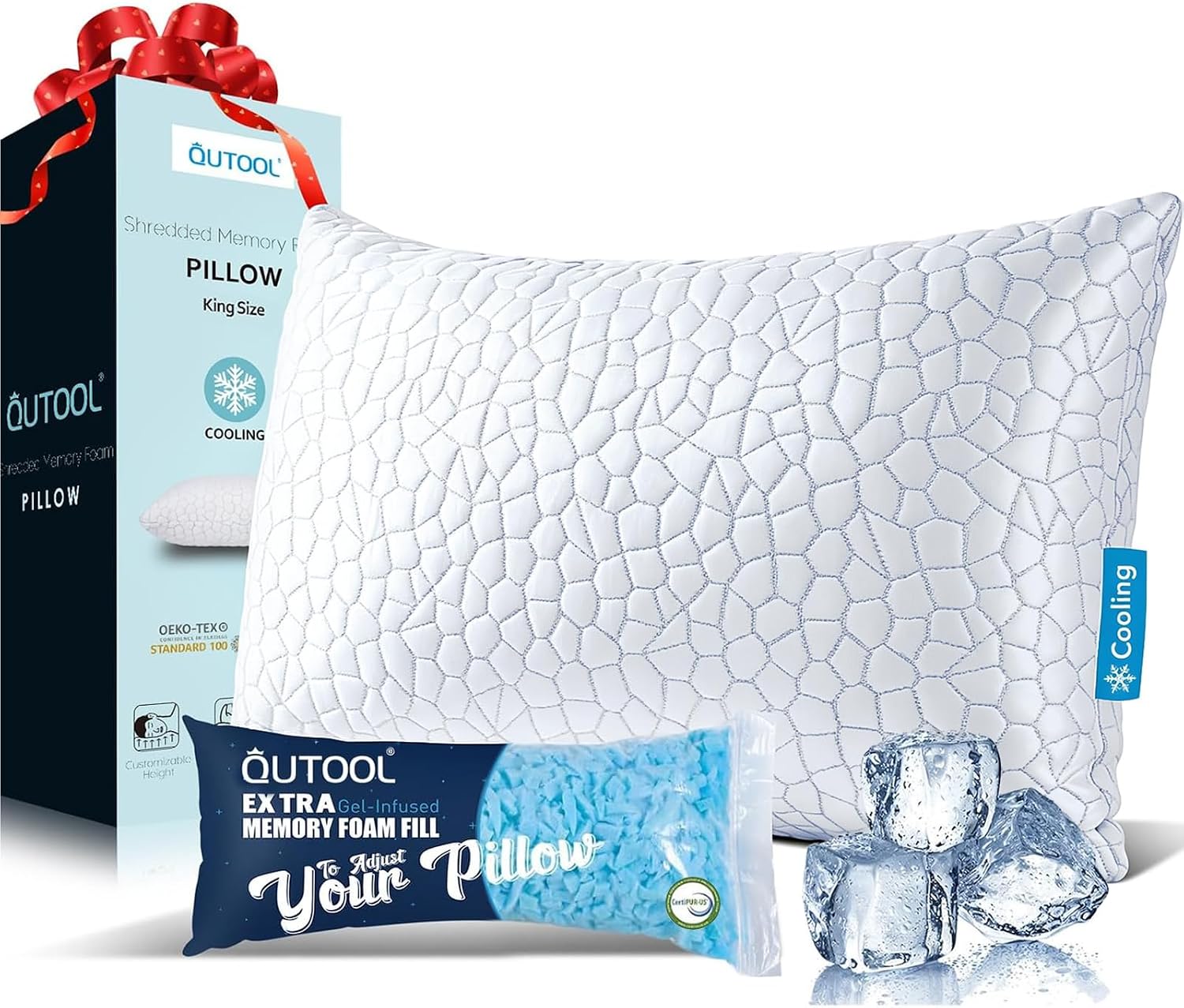 QUTOOL Cooling Pillow for Sleeping, CertiPUR-US Shredded Memory Foam Queen Pillows Set of 2, Cool Pillow for Hot Sleepers Adjustable Firm Pillow for Side, Back, Stomach Sleepers Soft Yet Support,White
