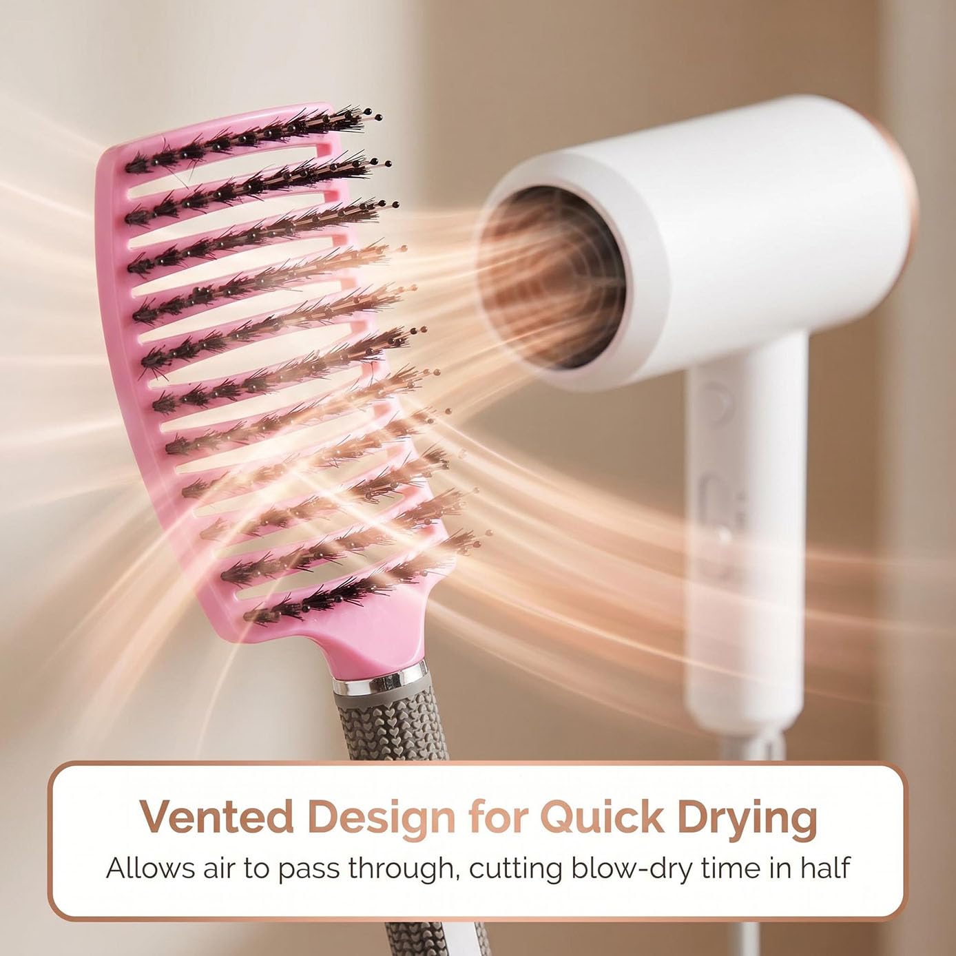 Boar Bristle Detangler Vent Hair Brush for Blow Drying, Curved Vented Paddle Detangling Brush for Women Men