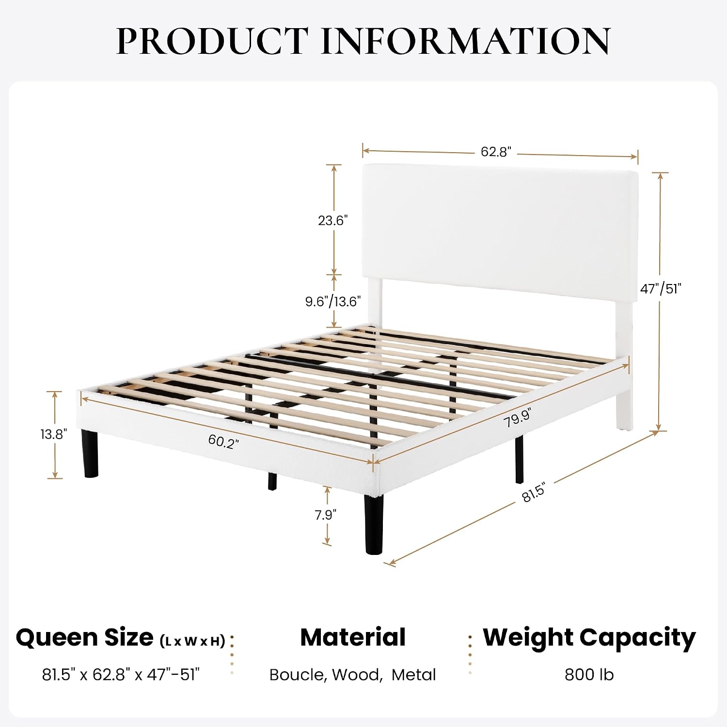 SHA CERLIN Boucle Upholstered Queen Size Bed Frame, White | Platform Bed with Adjustable Headboard, Wooden Slats Support, No Box Spring Needed, Noise-Free, Easy Assembly