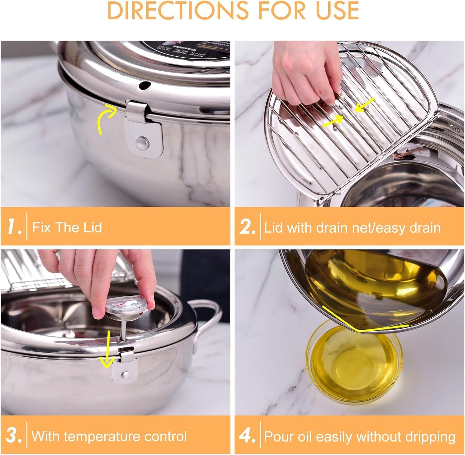 cuomaop Deep Fryer Pot, 304 Stainless Steel Japanese Frying Pot with Oil Drain, Temperature Control and Lid