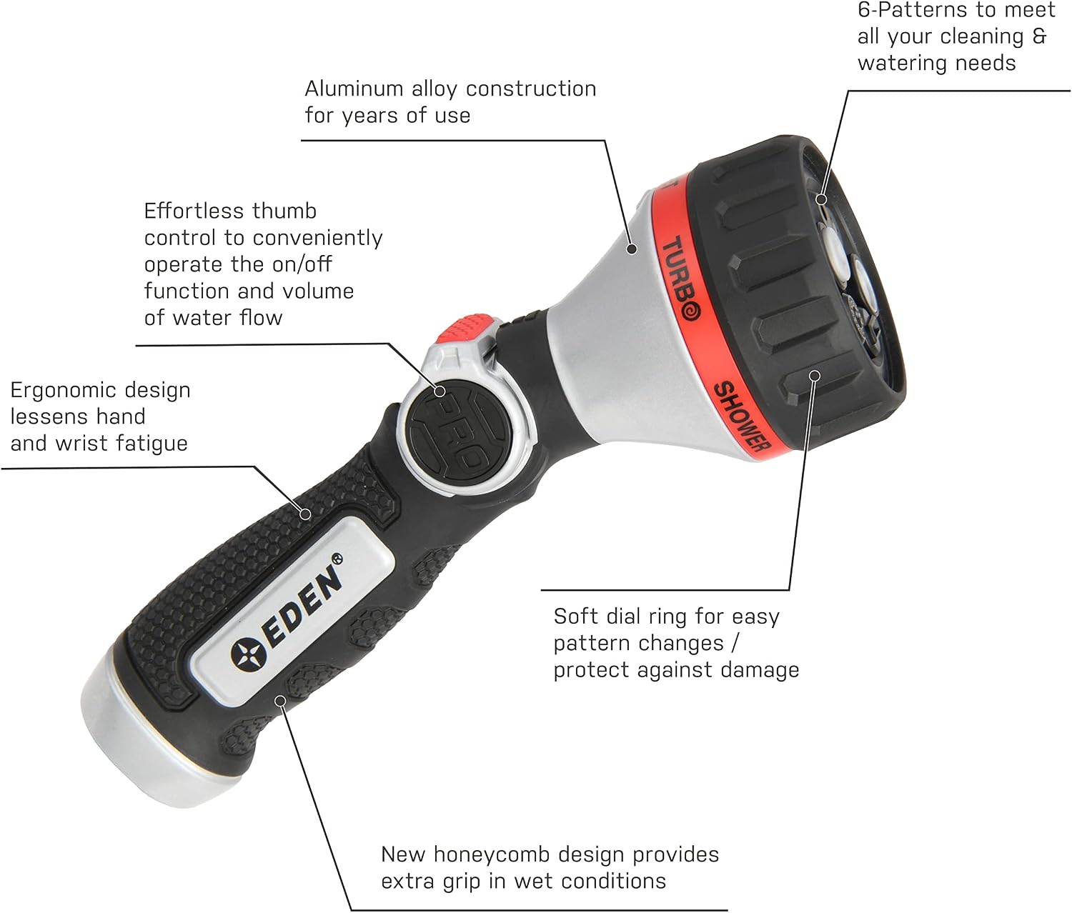 Eden Metal 7-Pattern Hose Nozzle: Thumb Control, Heavy-Duty Zinc Alloy