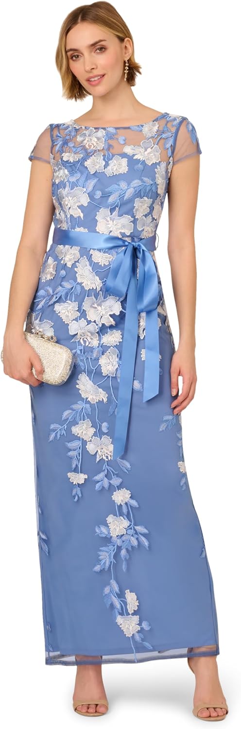 Adrianna Papell Cascading Floral Embroidered Long Column Gown