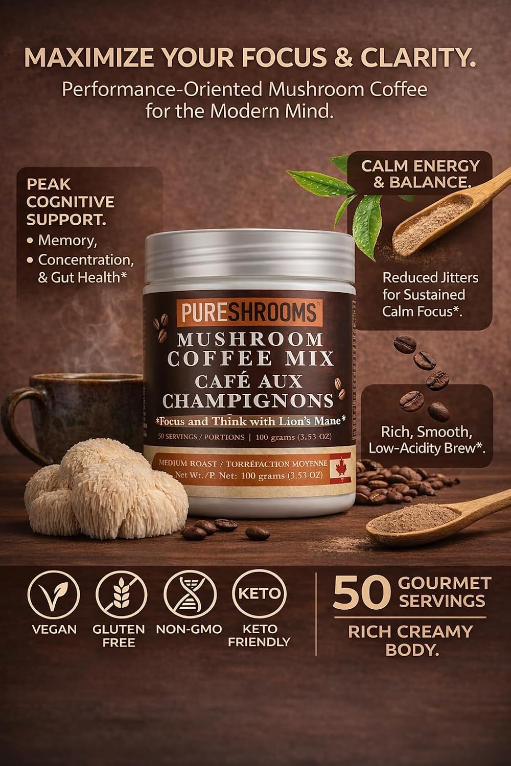 PureShrooms Mind & Body Mushroom Coffee - Instant Colombian Arabica with Organic Lion’s Mane, Reishi & Cordyceps - Low Acidity Nootropic Superfood Beverage for Focus & Vitality, 35 Servings/70g