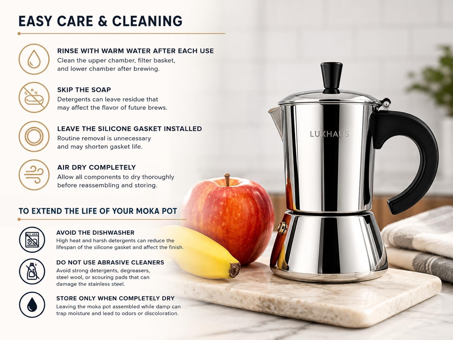LuxHaus 3 Cup Moka Pot (2oz each cup - 6oz total) Stovetop Espresso Maker - Stainless Steel Italian and Cuban Mocha Coffee Maker