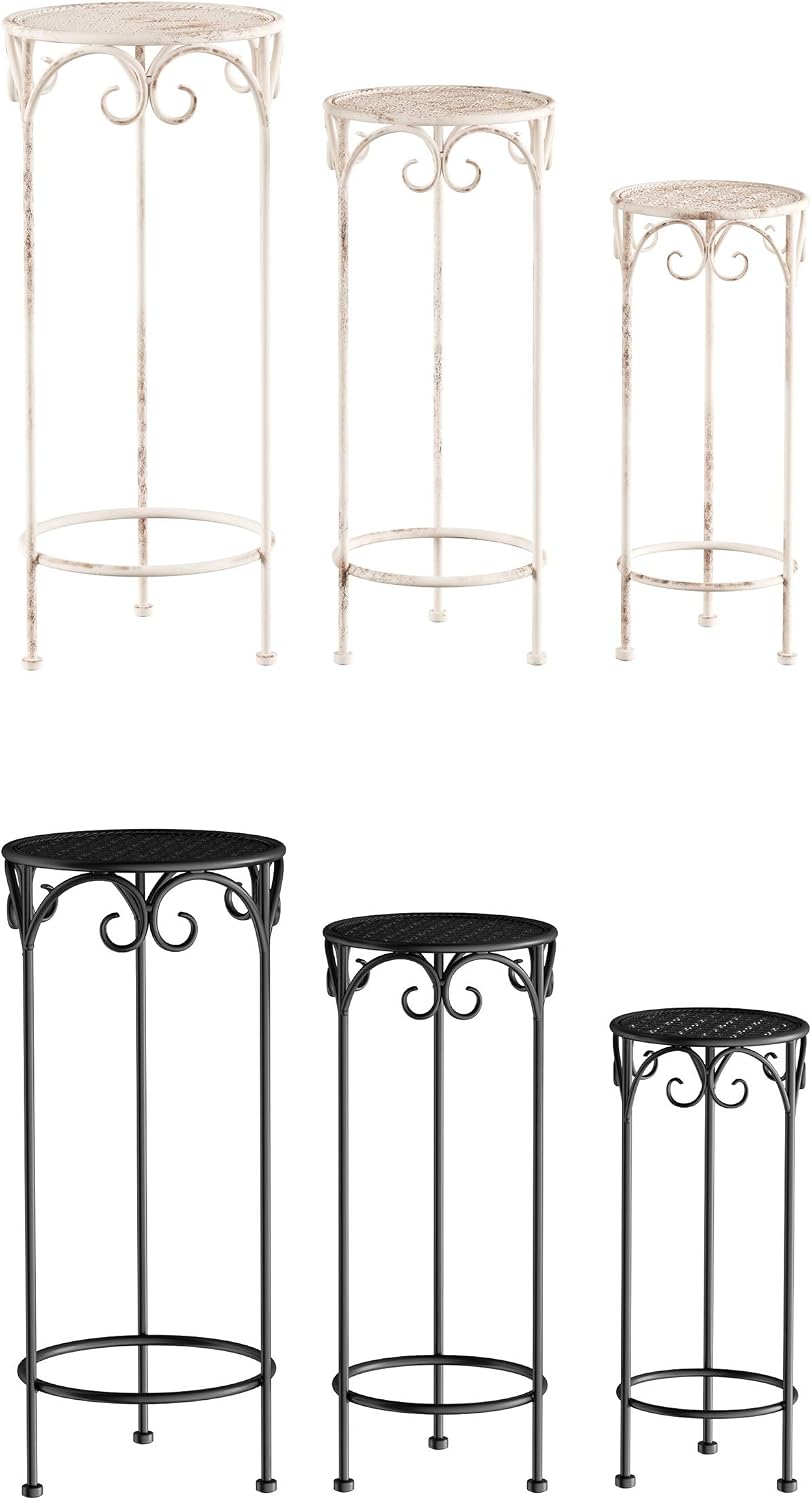 Pure Garden Plant Stand 3-Tier Vertical Shelf Indoor or Outdoor Folding Wrought Iron Home Garden Display with Laser Cut Shelves (Antique White)