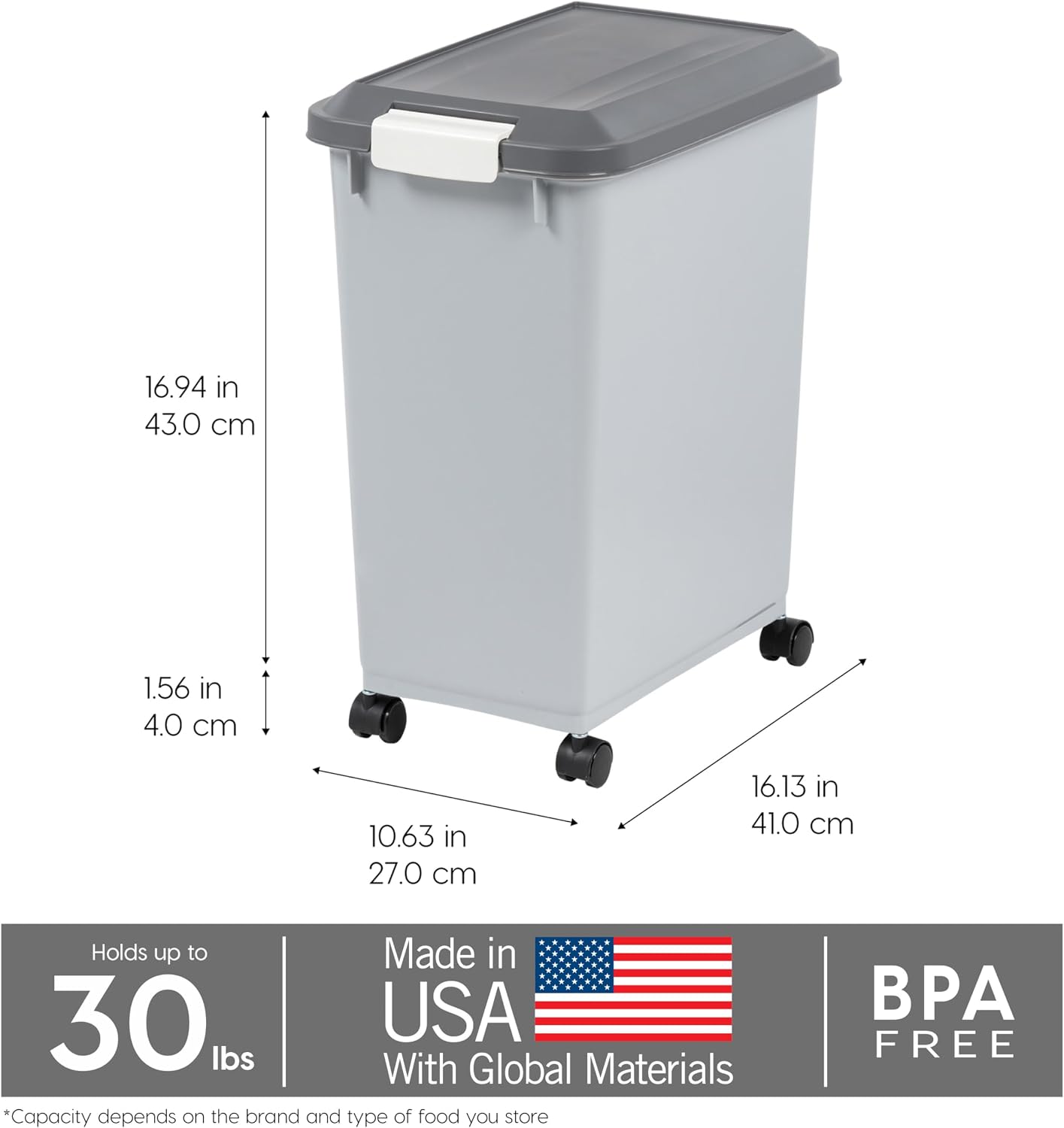 IRIS USA Dog Food Storage Container, Up to 30 lbs, Navy/Pearl, Made in USA | Wheels for Mobility, Airtight Seal, BPA-Free, Best for Bird Seed, Cat food, Cat Litter, Chicken Feed, Pellets