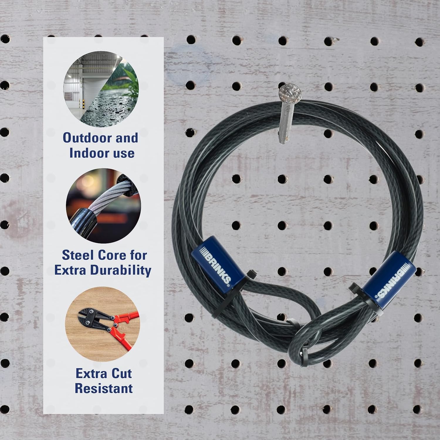 BRINKS - 15 ft x 3/8" Flexible Steel Loop Cable - Heavy Duty Vinyl Wrap for Corrosion Protection