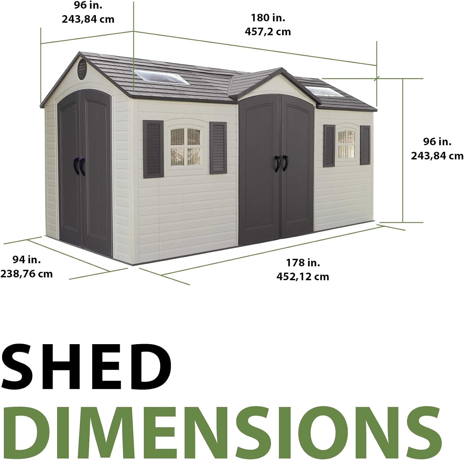 Lifetime 15×8 Ft Dual‑Entry Outdoor Storage Shed, Steel‑Reinforced, UV‑Protected, Weather‑Resistant Backyard Garden Shed with Skylights