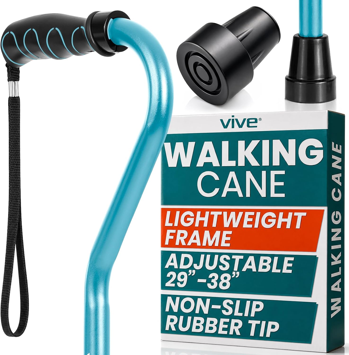 Vive Walking Cane for Women, Men, Elderly - Patented Offset Grip - Lightweight Adjustable Walking Aid with a Non-Slip Tip - Sturdy Balancing Mobility Aid for Seniors