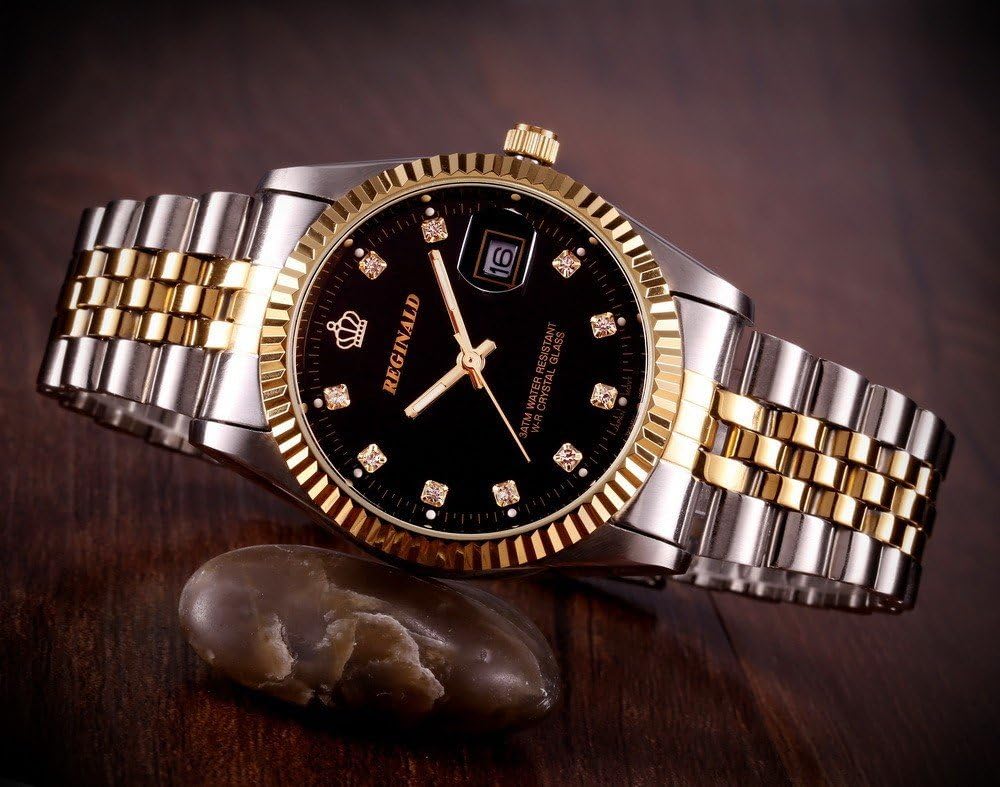 FANMIS Luxury Unisex Gold Crystal Quartz Calendar Gold Silver Two Tone Stainless Steel Watch