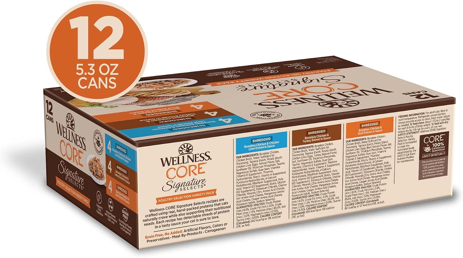 Wellness CORE Signature Selects Variety Pack Adult Canned Wet Cat Food, Natural, Protein Rich, Grain Free, Poultry Recipes, 2.8 oz, Pack of 8 Cans