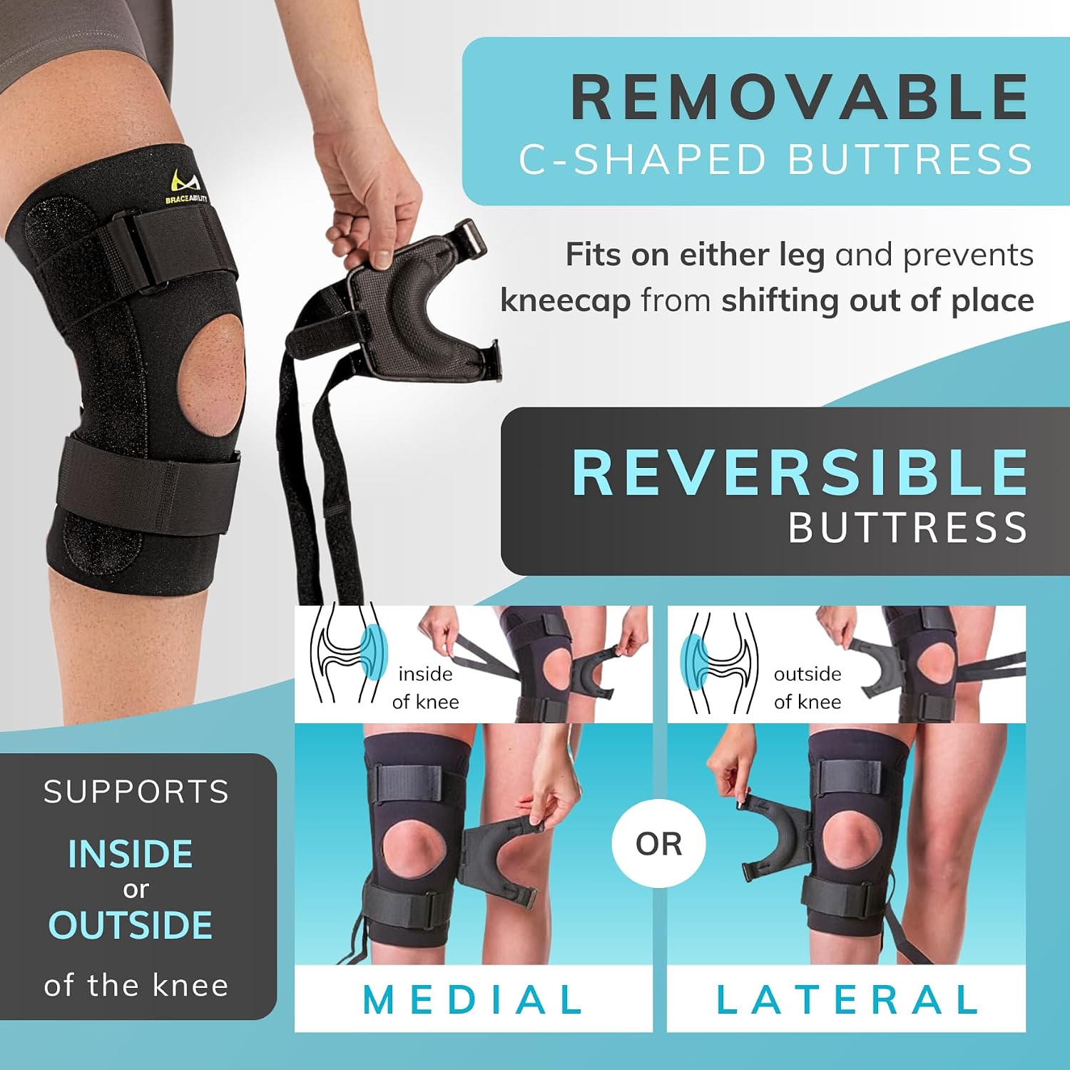 BraceAbility J Patella Knee Brace - Lateral Patellar Stabilizer with Medial and J-Lat Support Straps for Dislocation, Subluxation, Patellofemoral Pain