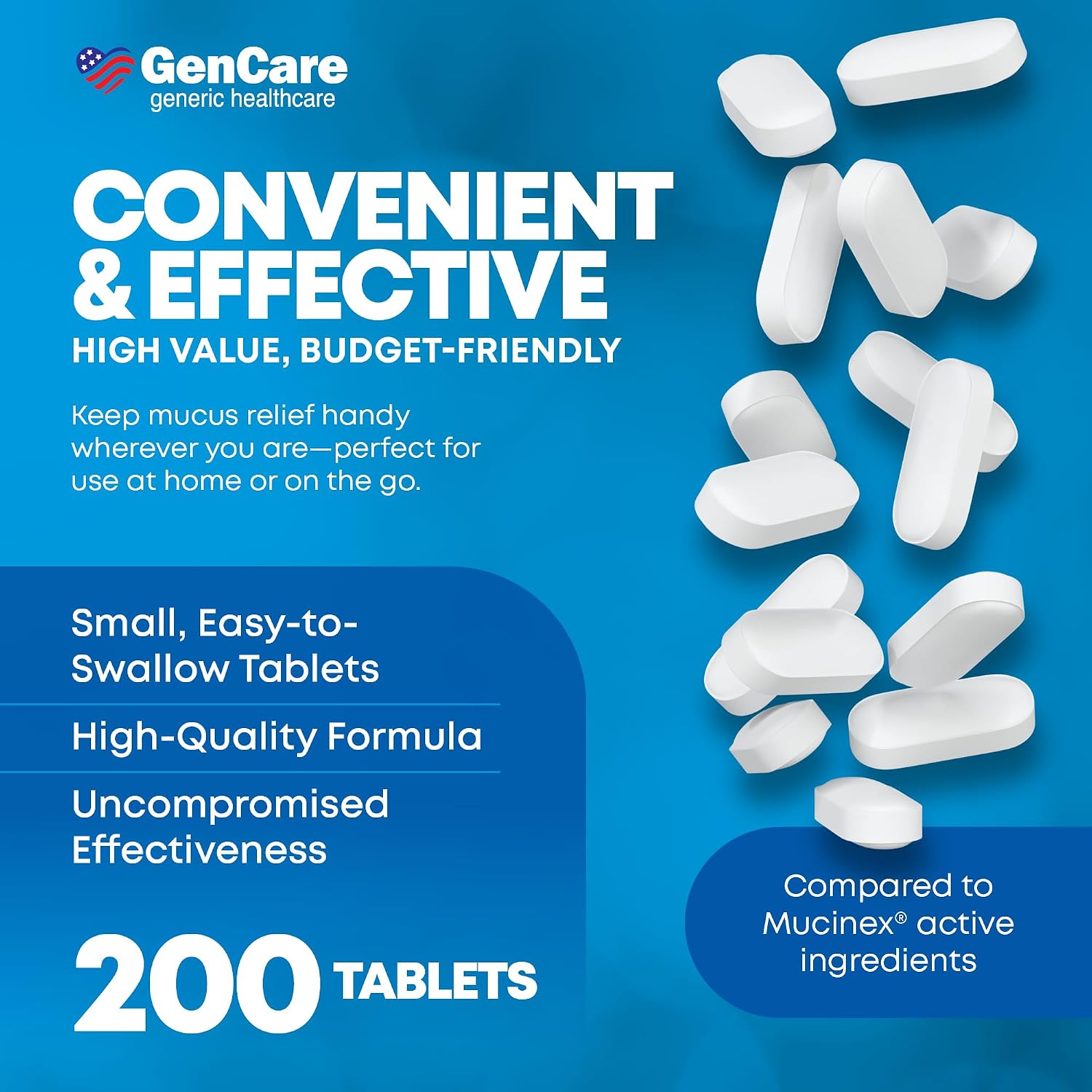 GenCare Mucus Relief Expectorant Guaifenesin 400mg, 200 Tablets | Compares to Mucinex; fast-acting expectorant, chest congestion relief