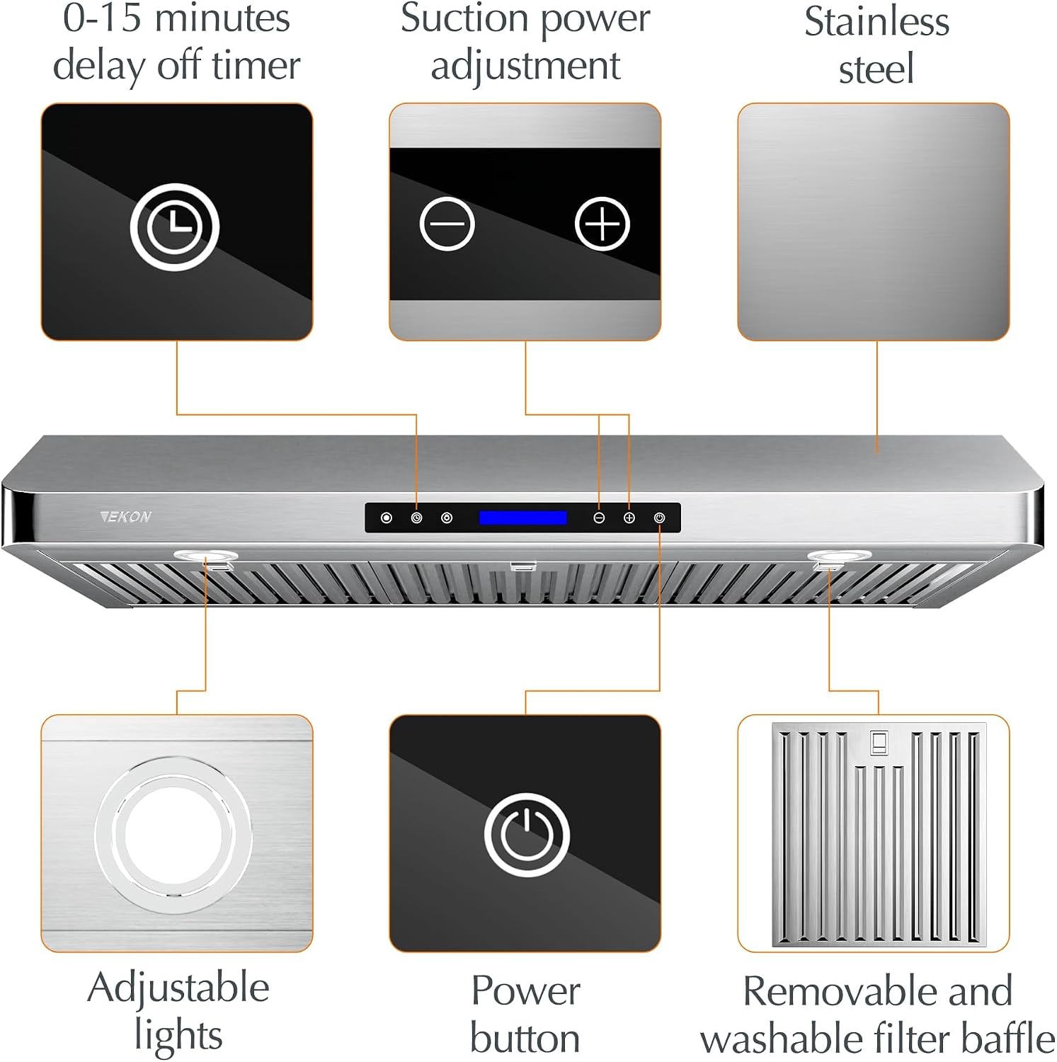 EKON 42 inches Under Cabinet Range Hood, 900 CFM Stainless Steel Kitchen Chimney Vent