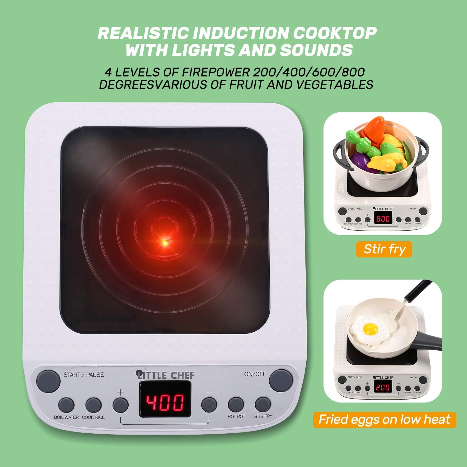 CUTE STONE Pretend Play Kitchen Toy with Cookware Steam Pressure Pot and Electronic Induction Cooktop, Cooking Utensils, Toy Cutlery, Cut Play Food