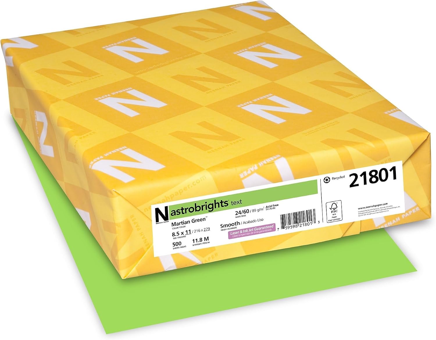 Neenah Astrobrights Premium Color Paper, 24 lb, 8.5 x 11 Inches, 500 Sheets, Martian Green (WAU21801)