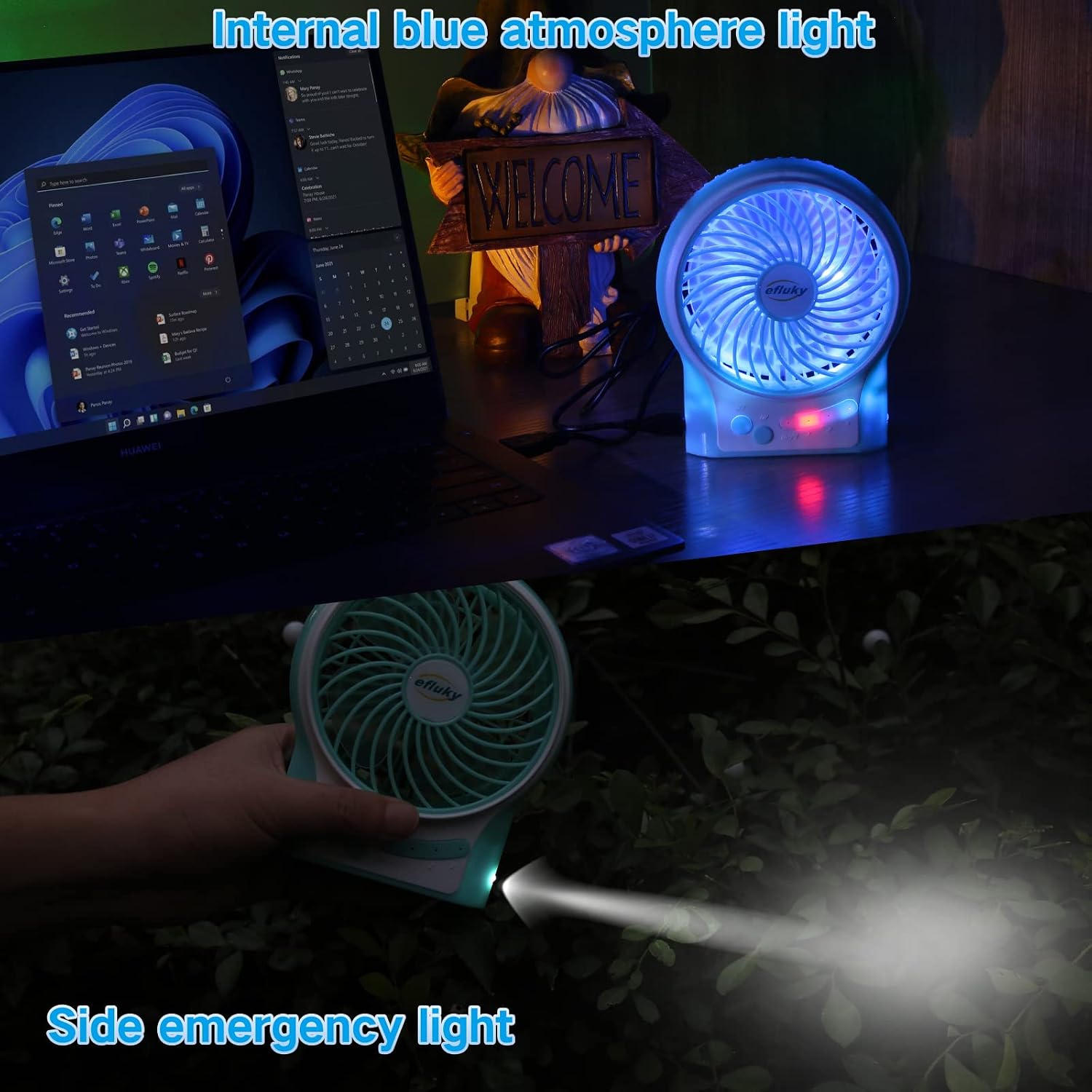 efluky 4.9-Inch Mini Desk Fan - 3 Speeds, Rechargeable Battery/USB Powered with LED Light, Quiet Portable Fan for Home, Office, Travel, Camping (Black)