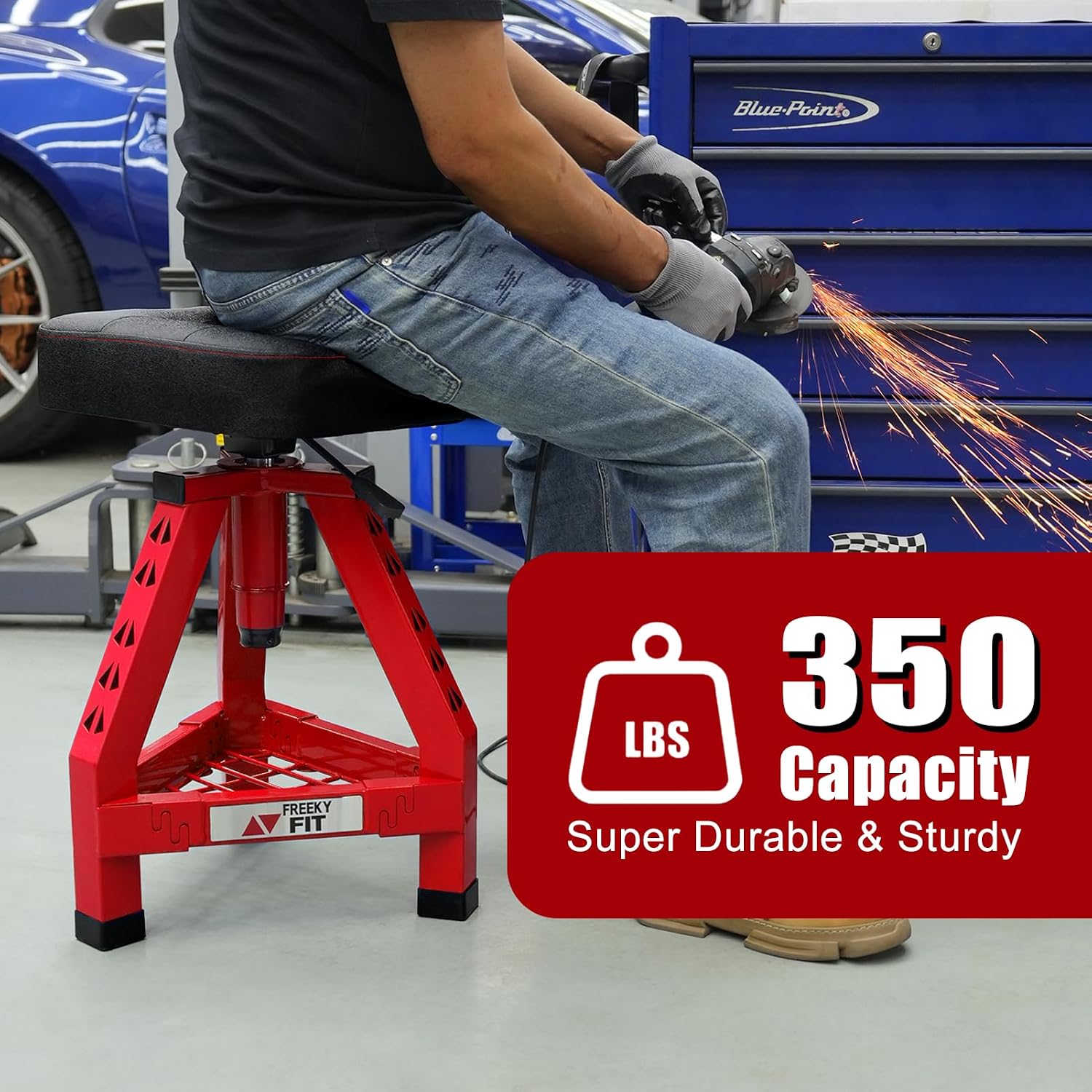 Adjustable Shop Stool,Garage Mechanic Stool Chair,Work Seat for Workshop, Adjustable Height, 360° Swivel Padded Square Seat,Tool Storage, 350 LBS Capacity, Heavy Duty, Blue