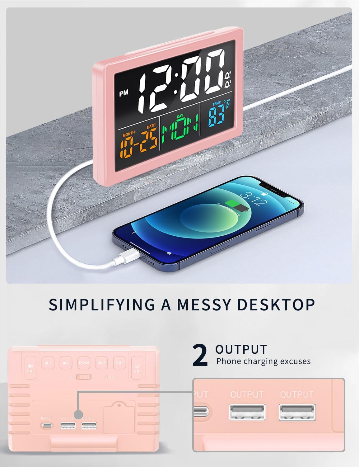 JALL Digital Clock with Date Day for Seniors, Electric Alarm Clocks for Bedrooms with Temperature, 2 Alarms, Dimmer, Dual USB Charger, Battery Backup