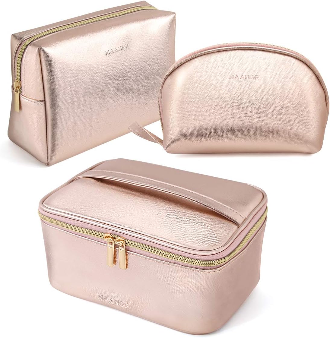 MAANGE 3 Pcs Makeup Bag Portable Travel Cosmetic Bag Large Makeup Bag Organizer with Gold Zipper Waterproof Toiletry Bags for Women and Girls(Rose