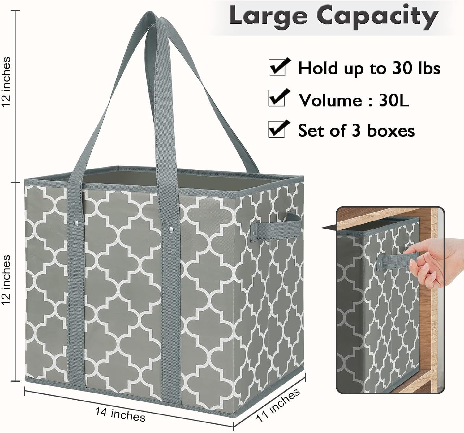 WISELIFE Reusable Grocery Bags 3-Pack Foldable Washable Large Storage Bins Basket Water Resistant Shopping Tote Bag Black