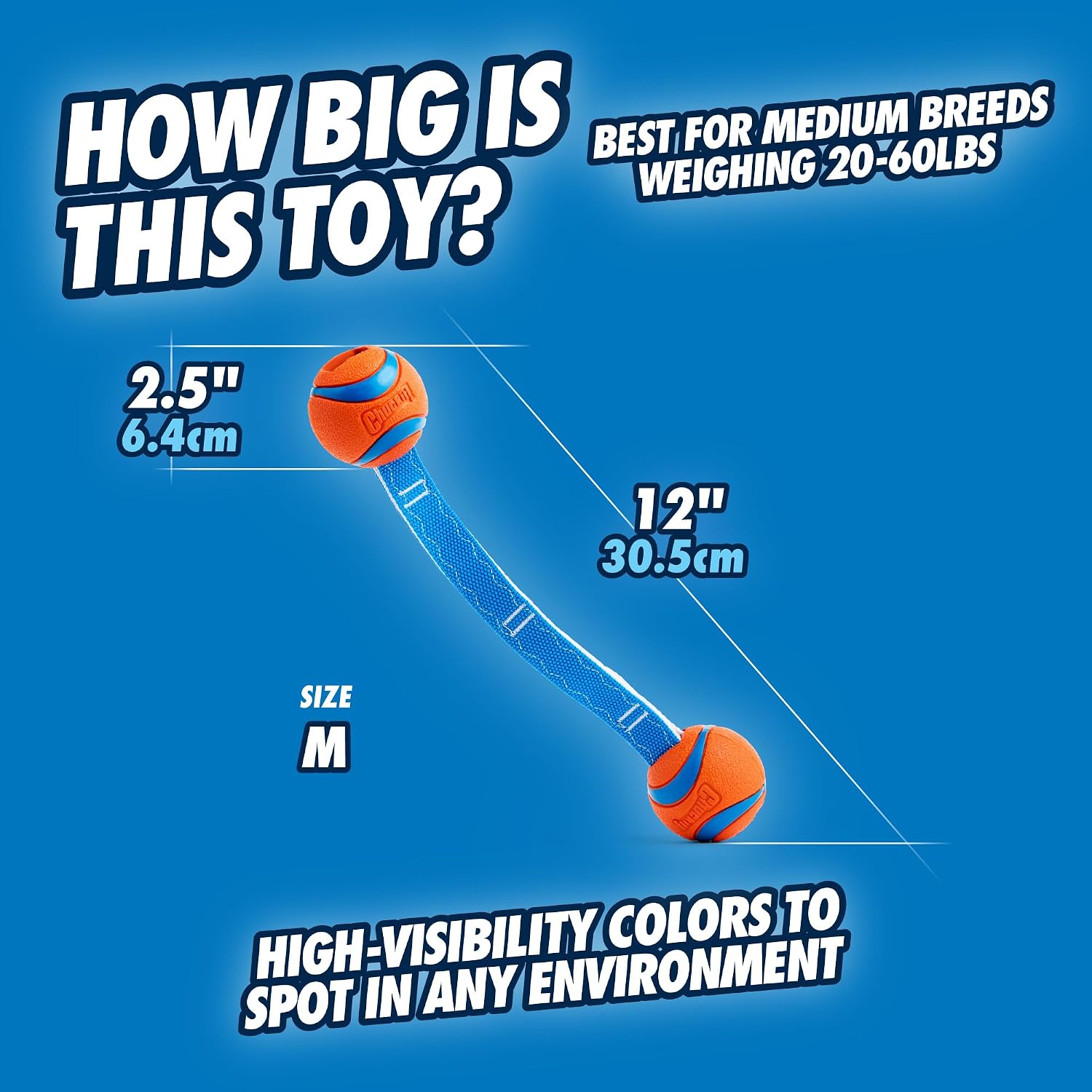 Chuckit! Ultra Tug Dog Toy - Ultra Ball on a Durable Nylon Cord Handle - Fetch and Tug-of-War Toy for Dogs - Size Large - For Breeds 60-100 lbs - 3-inch Diameter - Orange and Blue