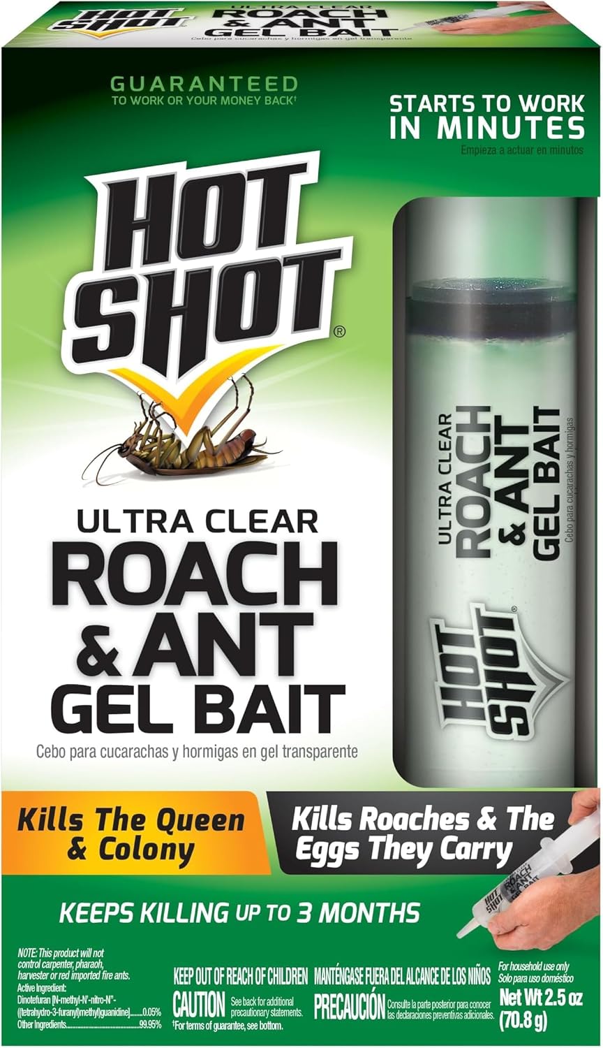 Hot Shot Ultra Clear Roach & Ant Gel Bait, 2.5 Ounces, Water-Based Gel Bait Dries Clear To Kill Roaches And Ants Indoors, Works In Minutes To Kill Queen And Entire Ant Colony, Roaches And Eggs | Kills Roaches, Their Eggs & Ants, Starts Working In Minutes…