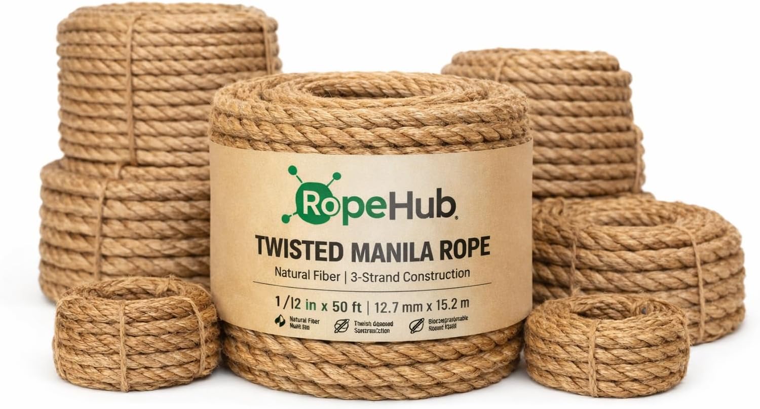 Twisted Manila Rope, Natural 3-Strand Fiber Rope for Landscaping, Decor, Railings, DIY Projects & Utility Use, Rustic for Indoor & Outdoor Applications - 1 in x 25 ft