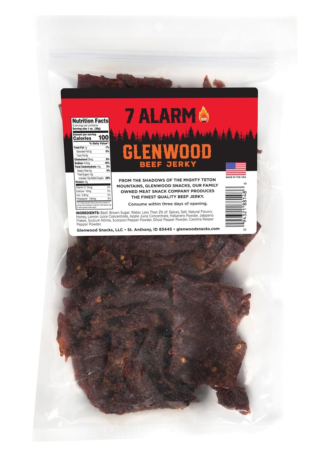 Glenwood Snacks 7 ALARM Spicy Beef Jerky Scorpion Pepper, Ghost Pepper, Carolina Reaper, and Habanero 9oz